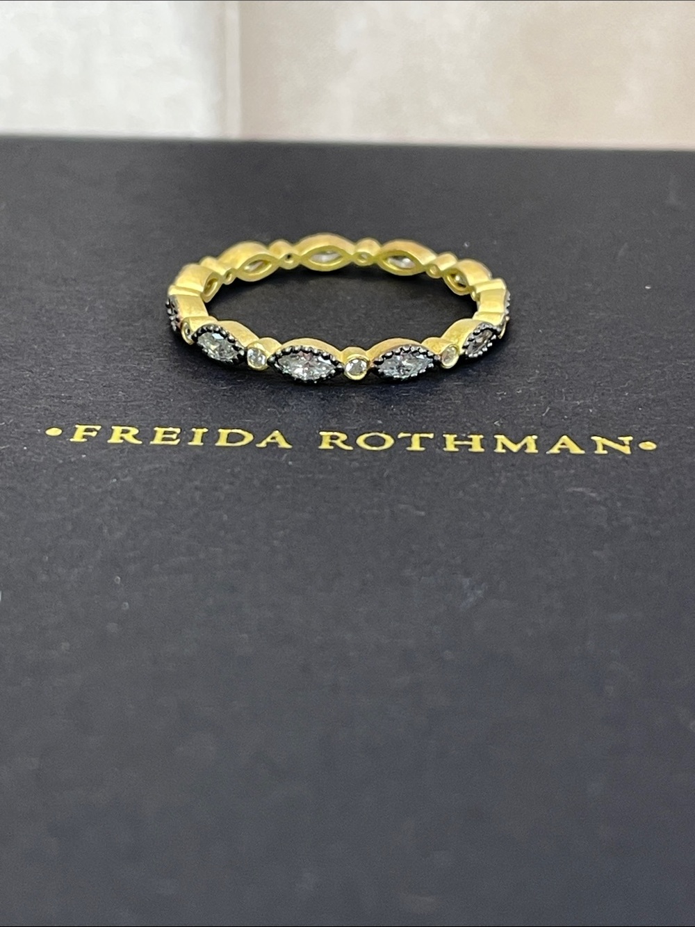 Freida Rothman S925 Gold & Black Marquise Stackable Ring Size 10 - NWT $150 MSRP